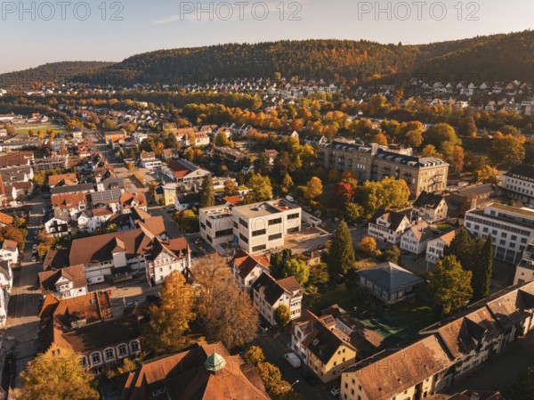 Aerial view of a city with colorful autumn leaves, Nagold, Black Forest, Germany
