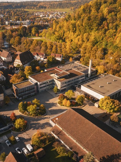Aerial view of a school complex in front of an autumn forest, Nagold, Black Forest, Germany