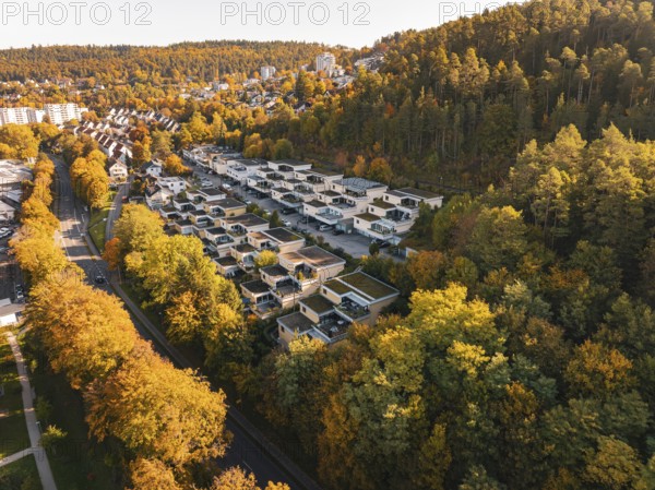Aerial view of a residential area on the edge of a forest in autumn with intense colors, Nagold, Black Forest, Germany