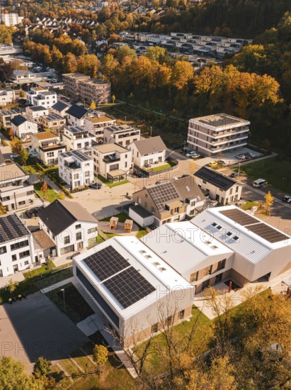Urban aerial view of residential area with autumn colors and modern architecture, Nagold, Black Forest, Germany