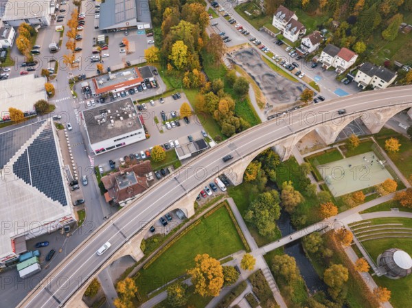 Aerial view of an urban area with a bridge and autumn colors, Nagold, Black Forest, Germany