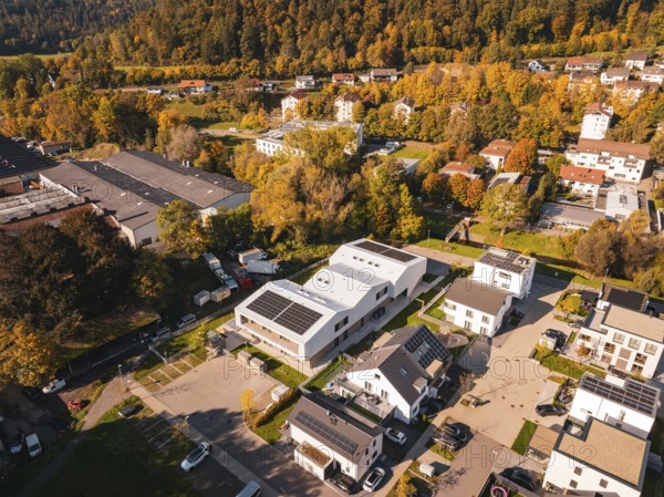 Diverse residential area in autumn atmosphere, surrounded by nature, Nagold, Black Forest, Germany