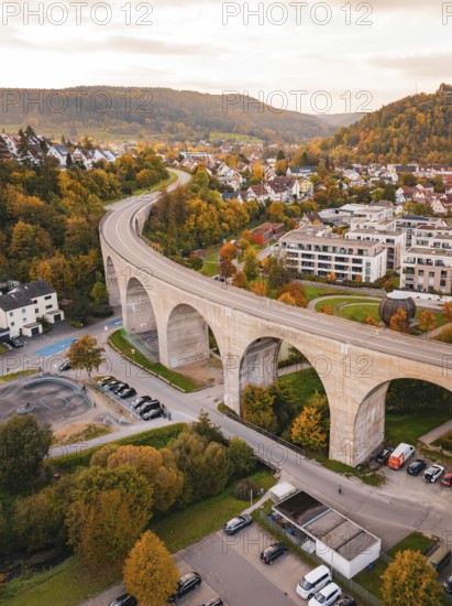 Close-up of a bridge in an autumn urban landscape, Nagold, Black Forest, Germany