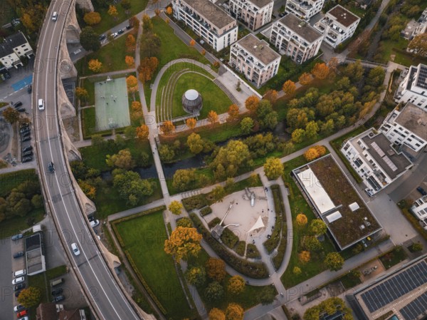 Overview of an urban landscape with parks and colorful autumn trees, Nagold, Black Forest, Germany