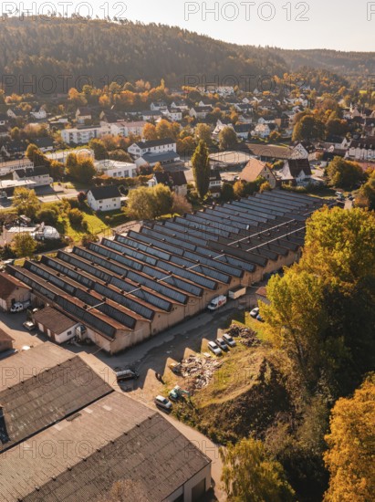 Panoramic view of an industrial area with autumn trees and surrounding buildings, Nagold, Black Forest, Germany