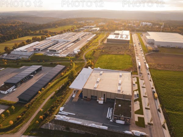 Industrial buildings in a rural area at sunset, Nagold, Black Forest, Germany