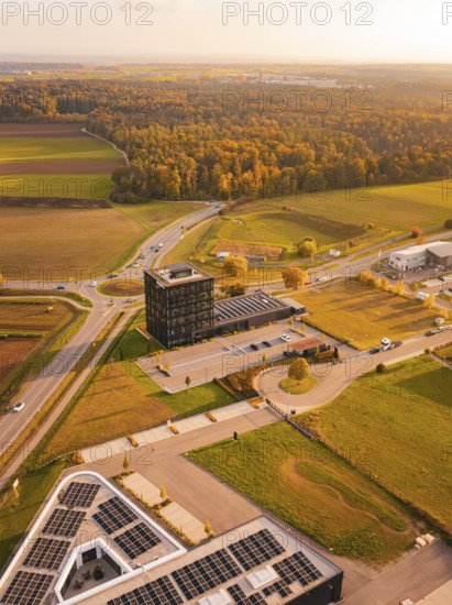 Aerial view of rural area in autumn with forests and fields, Nagold, Black Forest, Germany