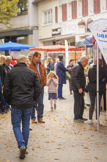Families and individuals explore the market stalls in a busy pedestrian zone, Streuobstmarkt, Sindelfingen, Böblingen district, Germany