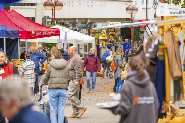People stroll and talk at a busy market with many stalls, traditional fruit market, Sindelfingen, Böblingen district, Germany