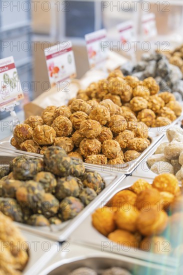 Handmade, colorful food carefully placed on a market stand, Streuobstmarkt, Sindelfingen, Böblingen district, Germany