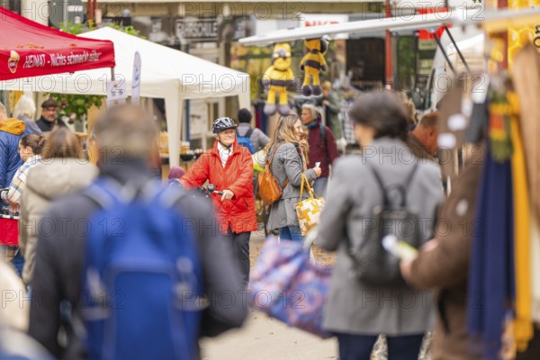 Lively market with people wearing winter clothes, surrounded by various stalls and decorations, mixed fruit market, Sindelfingen, Böblingen district, Germany