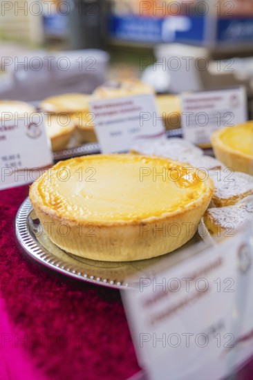 Close-up of a cheesecake on a silver plate at a market stand, Streuobstmarkt, Sindelfingen, Böblingen district, Germany