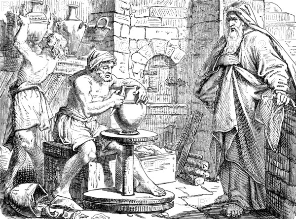 Go down to the potter's house, Jeremiah with the potters, The Prophet Jeremiah, chapter 18, clay, tools, knife, molds, pot, jug, turntable, feet, shards, succeed, fail, kiln, box, shelf, house of Israel, people, kingdom, God, Old Testament, Bible, historical illustration 1877