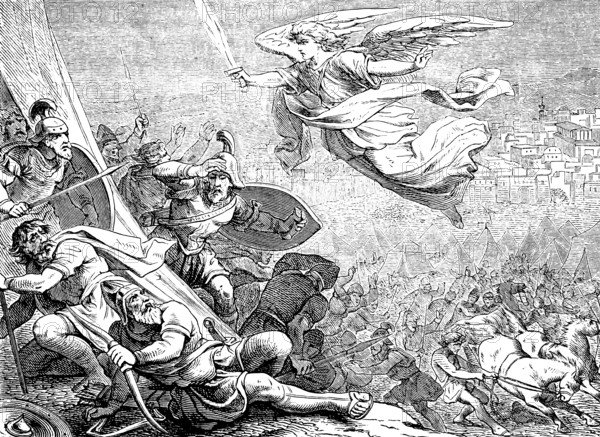 The Angel of the Lord Strikes the Assyrians, The Prophet Isaiah, Chapter 37, King, Blasphemy, God, Victory, Chaos, Dying, Prayer, Battle, Fight, Fly, Sword, Shields, Warrior, Horses, Assyrian Defeat, Kingdoms, Old Testament, Bible, Historical Illustration 1877
