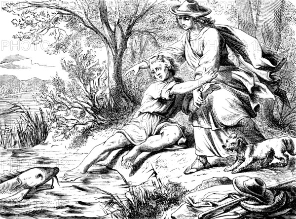 Tobias catches a strange fish in the Tigris, Oh Lord, he wants to eat me, The book of Tobias, chapter 6, riverbank, washing feet, angel, seizing, heart, bile, liver, medicine, roast, dog, natural landscape, Old Testament, Bible, historical illustration 1877