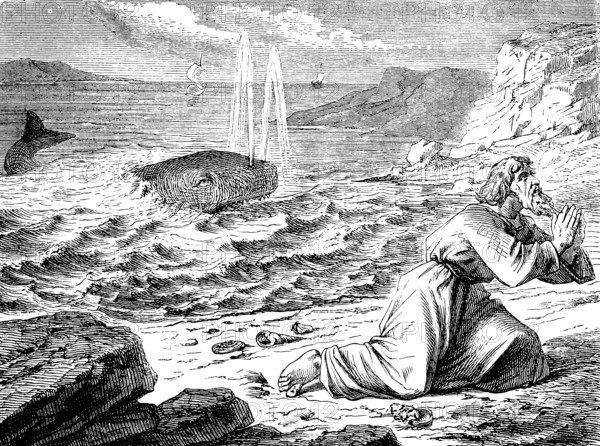 Jonah's salvation, The Prophet Jonah, chapter 2, salvation, sea, whale, beach, coast, waves, spew, flood, wave, cast out, life, doom, soul, prayer, God, thanksgiving, Old Testament, Bible, historical illustration 1877