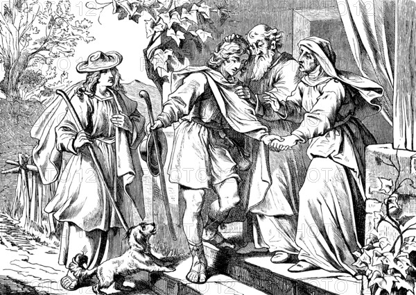 The farewell of Tobias, his parents give him lessons and admonitions along the way, The book of Tobias, chapters 4 and 5, parents, son, walking stick, house, fear God, alms, pious, help, share, reward, share bread, advice, poor, avoid sin, Old Testament, Bible, historical illustration 1877