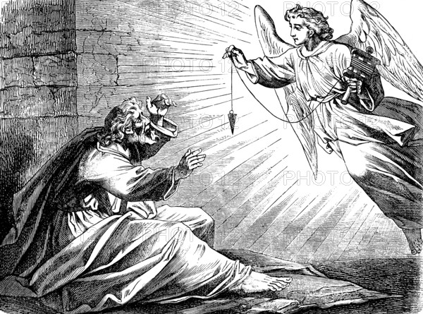 The man with the measuring string, The Prophet Zacharia, chapter 2, angel, pendulum, measure, string, ribbon, ray of light, Jerusalem, people, wall, Old Testament, Bible, historical illustration 1877