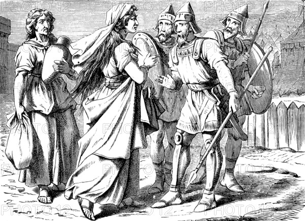Judith and her maid go to the camp of enemies to Prince Holofernes, The Book of Judith, chapter 9, guards, warriors, shields, helmets, lances, questions, conversation, clay vessel, pouch, passage, King Nebuchadnezzar, Old Testament, Bible, historical illustration 1877