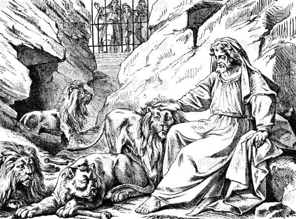Daniel in the Lion's Den, The Prophet Daniel, Chapter 6, King Darius, Ditch, Cave, Lion, Danger, God, Imprisoned, Grid, Eat, Tame, Commandments, Tomorrow, Angel, Old Testament, Bible, Historical Illustration 1877