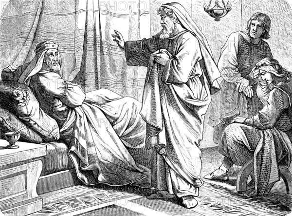 Hezekiah, Order Your House for You Will Die, The Prophet Isaiah, Chapter 38, Sickness, Order, Deathbed, Lying, Pain, Room, Praying, God, Old Testament, Bible, Historical Illustration 1877