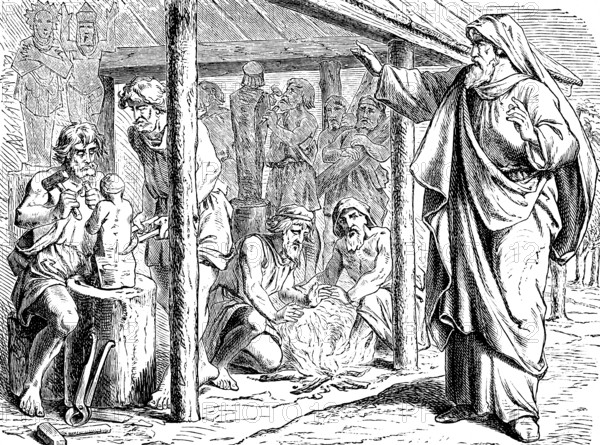 Against the idolaters, they must be shamed, The Prophet Isaiah, chapter 44, shame, idols, resistance, statue, chisel, fire, manufacture, god, vain, iron, pliers, craft, tools, useless, Old Testament, Bible, historical illustration 1877