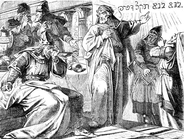 Daniel and the Godless King Belshazer, The Prophet Daniel, chapter 5, epilmero roof, golden vessels, drunk, Rebuchadnezzar, theft, temple, Jerusalem, banquet, chalices, jug, horror, Old Testament, Bible, historical illustration 1877