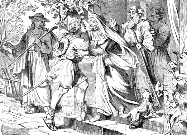 Homecoming of Young Tobias, The Book of Tobias, Chapter 11, Angel, Bile, Fish, Hannah, Parents, Father, Blind, Kiss Father, Anoint, Open Eyes, Dog, Joy, Goodbye, Praise God, Old Testament, Bible, Historical Illustration 1877