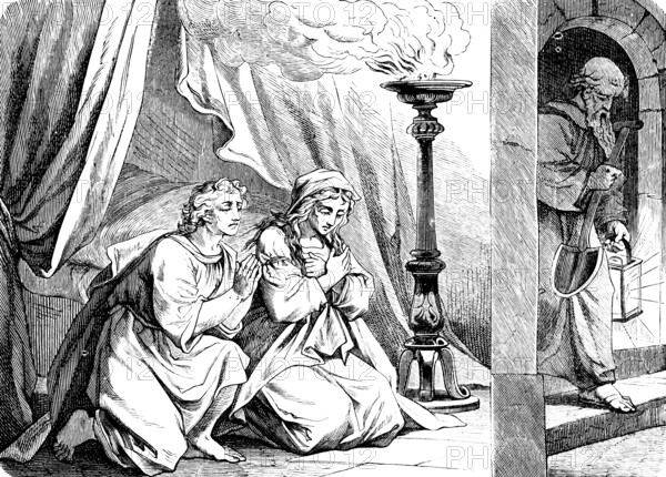 Young Tobias receives Sarah as wife, The Book of Tobias, chapter 7, bed, curtain, prayer, oil lamp, smoke, night, spade, lantern, grave, Nagül, Hanna, daughter, goot, meal, feast, neighbors, Old Testament, Bible, historical illustration 1877