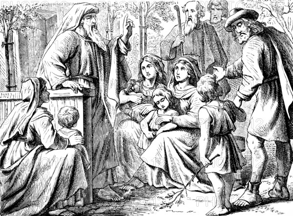 Praise good child-rearing, whoever keeps his child in discipline will be pleased with him, The book Jesus Sirach, chapter 30, rod, chastise, harshness, group, joy, children, woman, education, men, punishes, beating, Old Testament, Bible, historical illustration 1877