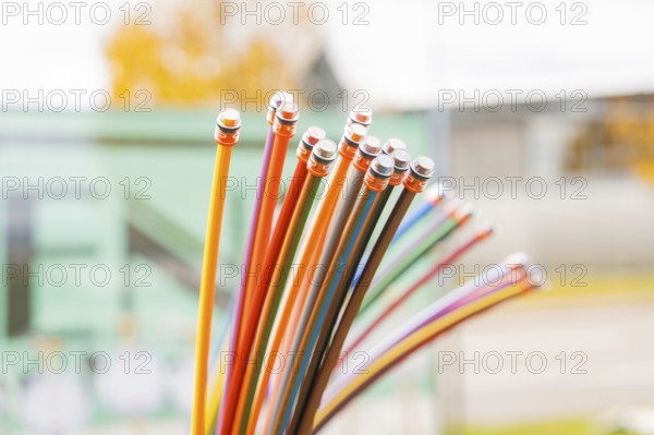 Bundle of colorful fiber optic cable in a green blurred background, optical fiber