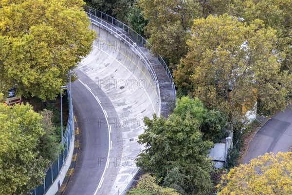 Runway at Mercedes-Benz plant with steep wall curve. Test track for Mercedes test vehicles. Stuttgart, Baden-Württemberg, Germany