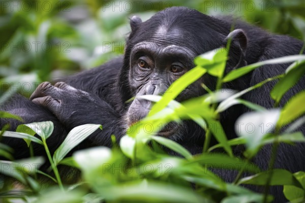 Beautiful animal portrait, chimpanzee (Pan Troglodytes), adult male among leaves in the jungle, Kibale National Park, Uganda