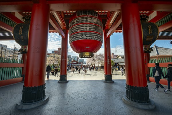 Huge red lantern in the Hozomon treasure chamber gate of Asakusa Shrine or Senso-ji Temple, Buddhist temple complex, Asakusa, Tokyo, Japan