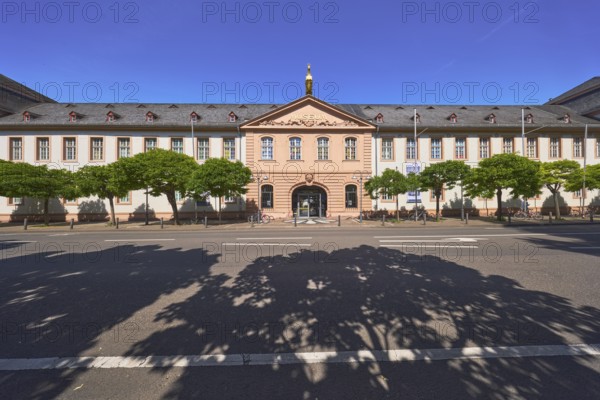 Mainz State Museum, Museum of Cultural History, Art Museum, Golden Ross Barracks, Historic Building, Marstall, gable roof covered with slate, entrance area, windows, dormers, Baroque and Classicism architectural style, barrier bollards, trees, blue sky, cloudless, street Große Bleiche, Mainz, state capital, district-free city, Rhineland-Palatinate, Germany