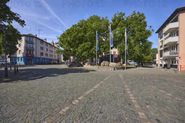 General architecture, flags on flagpoles, advertising flag, trees, cars, square made of paving stones, blue sky, cirrostratus clouds, contrails, intersection of Deutschhausplatz with Zeughausgasse, Mainz, state capital, district-free city, Rhineland-Palatinate, Germany