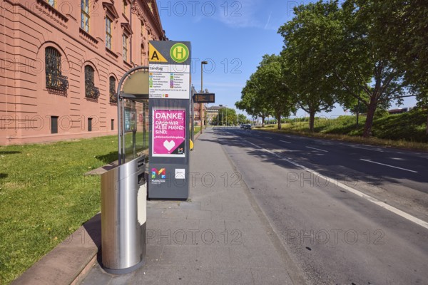 Landtag bus stop, New Armoury, historic building, public trash can, lantern, trees, lawn, blue sky, cirrostratus clouds, federal road B40, Peter-Altmeier-Allee, Mainz, state capital, district-free city, Rhineland-Palatinate, Germany