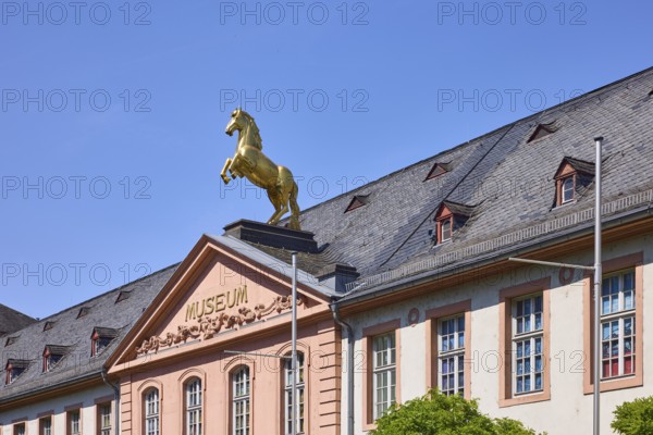 Mainz State Museum, Museum of Cultural History, Art Museum, Marstall, Historic Building, Baroque and Classicism Architectural Style, Ornaments, Figure, Horse Sculpture, Gable Roof Covered with Slate, Window, Dormer, Blue Sky, Cloudless, Große Bleiche, Mainz, State Capital, County-Free City, Rhineland-Palatinate, Germany