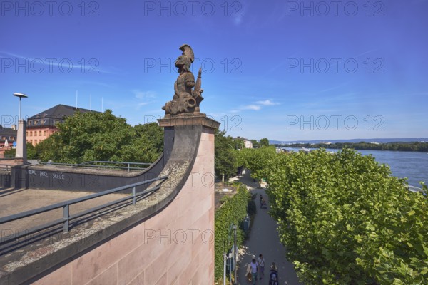 Bridgehead, Rhine river, bridge railings, trees, footpath, pedestrians as secondary motif, blue sky, cirrostratus clouds, Theodor Heuss bridge, Mainz, state capital, district-free city, Rhineland-Palatinate, Germany