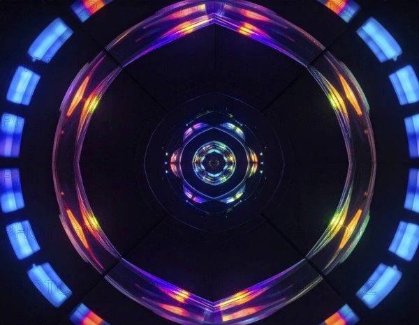 Abstract background of slightly unfocused multicolored glass lenses spinning and rotating, wallpaper illustration in vibrant neon colors, mandala background for business, textures and pattern, AI generated