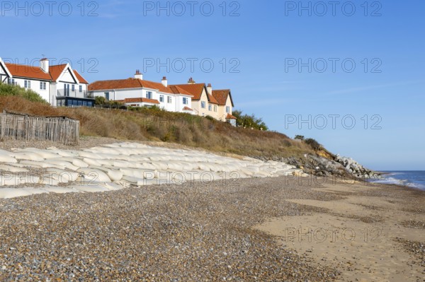 Clifftop houses at risk from coastal erosion, Thorpeness, Suffolk, North Sea coast, England, UK October 2025