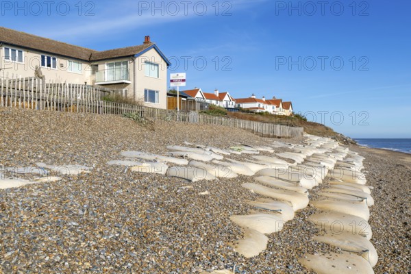 For Sale estate agent signs outside houses at risk of coastal erosion, Thorpeness, Suffolk, North Sea coast, England, UK October 2025