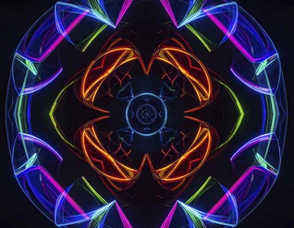 Abstract background of slightly unfocused multicolored glass lenses spinning and rotating, wallpaper illustration in vibrant neon colors, mandala background for business, textures and pattern, AI generated