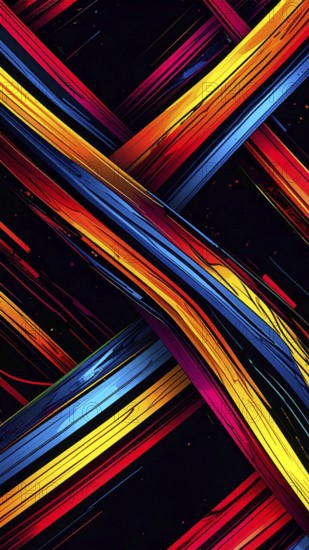Abstract digital art featuring vibrant, intersecting neon lines creating a geometric pattern, Intersecting neon lines form a vibrant abstract geometric grid against a black background, Seamless looping illustration, colorful diagonal lines, creating a modern dynamic template background, vibrant colored lines and geometric forms for business or technology wallpaper, AI generated