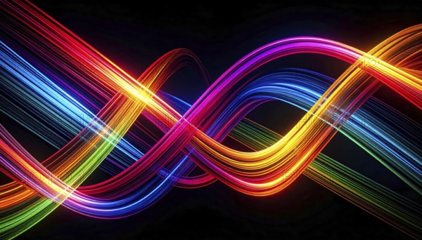 Abstract digital art featuring vibrant, intersecting neon lines creating a geometric pattern, Intersecting neon lines form a vibrant abstract geometric grid against a black background, Seamless looping illustration, colorful diagonal lines, creating a modern dynamic template background, vibrant colored lines and geometric forms for business or technology wallpaper, AI generated
