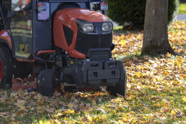 Removing leaves with a riding mower in a public park, Mutterstadt, Rheinland Pfalz