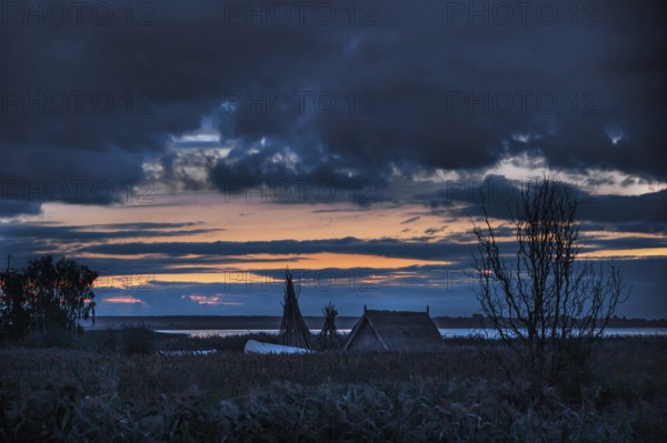 Dawn on the lagoon, a fishing hut in front, Baltic Sea, Ahrenshoop, Darß, Mecklenburg-Western Pomerania, Germany