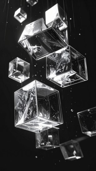 Abstract animation, glass cubes on black background, modern business wallpaper illustration, AI generated