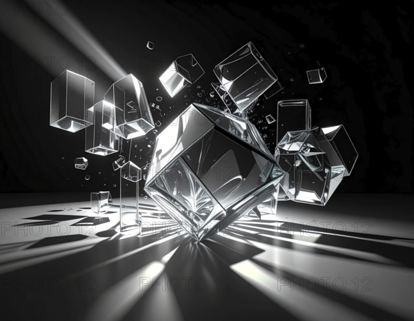 Abstract animation, glass cubes on black background, modern business wallpaper illustration, AI generated