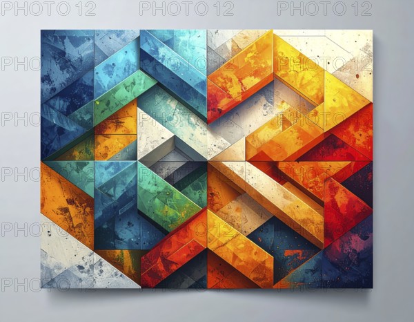 Abstract modern template, geometric effect stylized as mosaic tile, vibrant colorful business wallpaper illustration, pattern and textured geometric forms, wall art poster design, AI generated